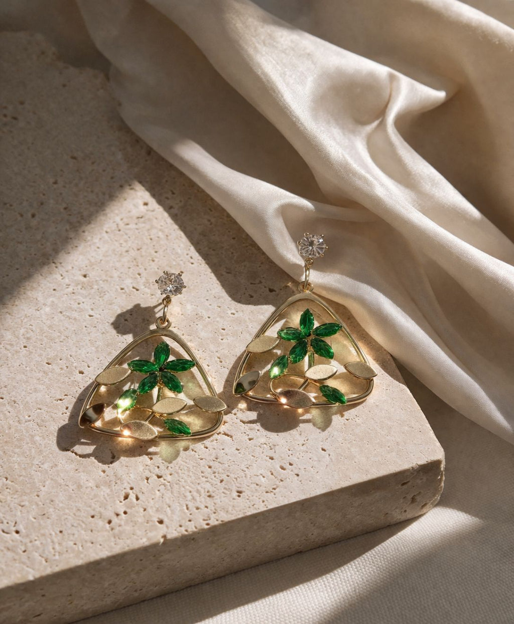 Green Floral Triangle Earrings