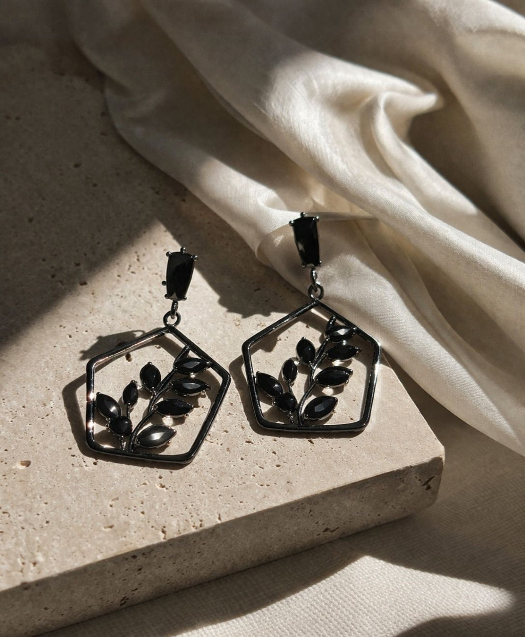 Black Crystal Leaf Earrings