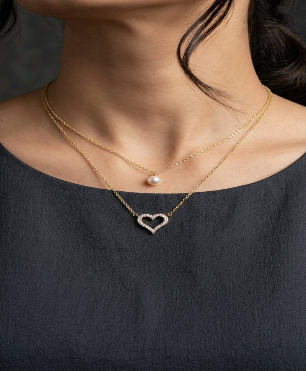 Double Layer Pearl & Heart Necklace