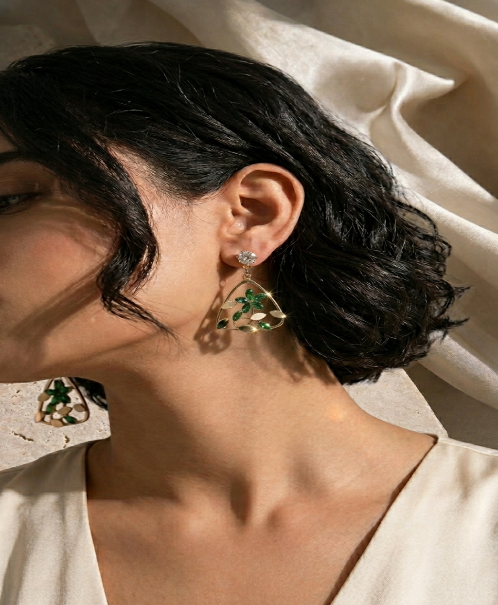 Green Floral Triangle Earrings